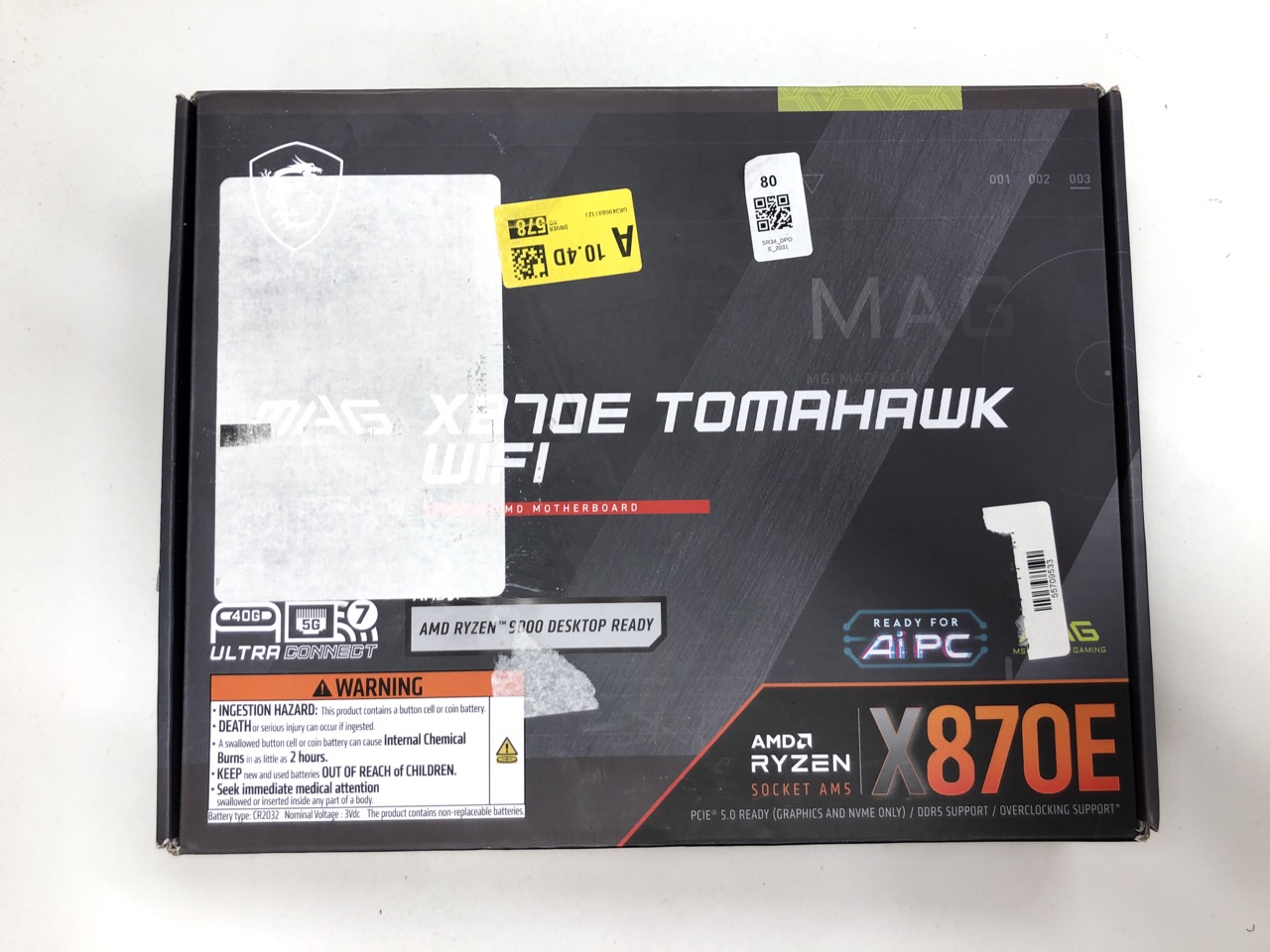 Lot 80  
            Edinburgh SR34 - Delivery Only 

                
MSI MAG X870E TOMAHAWK WIFI MOTHERBOARD, ATX - SUPPORTS AMD RYZEN 9000/8000 / 700...