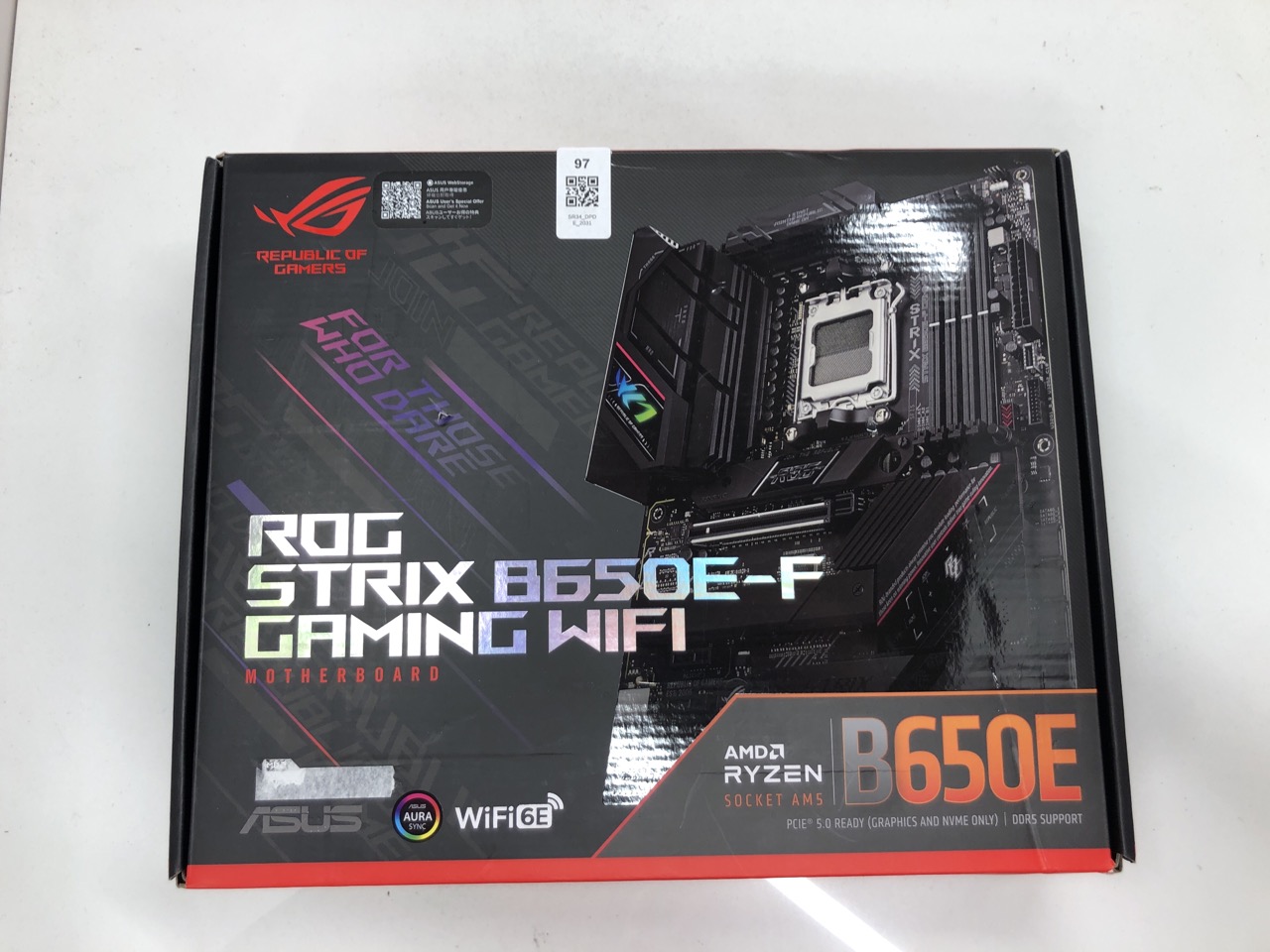 Lot 97  
            Edinburgh SR34 - Delivery Only 

                
ASUS ROG STRIX B650E-F GAMING WIFI AMD RYZEN AM5 ATX MOTHERBOARD, 12 + 2 POWER ST...