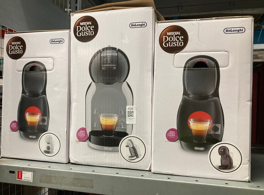 Lot 438  
            Edinburgh SR33 - Delivery Only 

                
QUANTITY OF ITEMS TO INCLUDE DE'LONGHI NESCAFÉ DOLCE GUSTO PICCOLO XS EDG210.A, C...