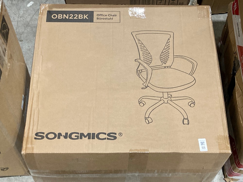 SONGMICS, SWIVEL CHAIR, HEIGHT ADJUSTABLE, TILT FUNCTION, BACKREST AND SEAT MADE OF BREATHABLE MESH, FOR OFFICE STUDIO, MAX. LOAD 120 KG, BLACK OBN22BK, 58 X 60,5 X (96-104) CM.