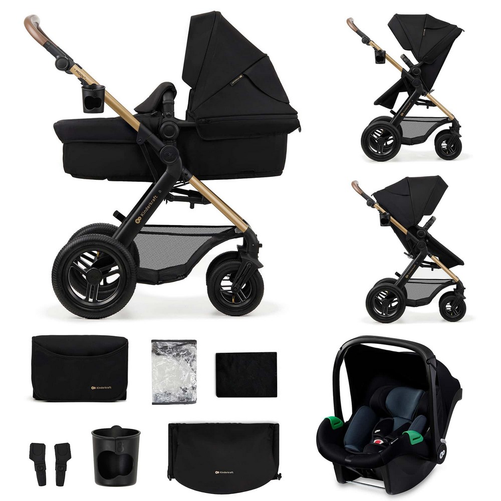 KINDERKRAFT MOOV 2 AIR, 3 IN 1 PUSHCHAIR WITH CARRYCOT AND 2 IN 1 BUGGY, LARGE INFLATABLE WHEELS, TRAVEL SYSTEM WITH CAR SEAT, UP TO 22 KG, BLACK (SEALED, RRP 300€) .