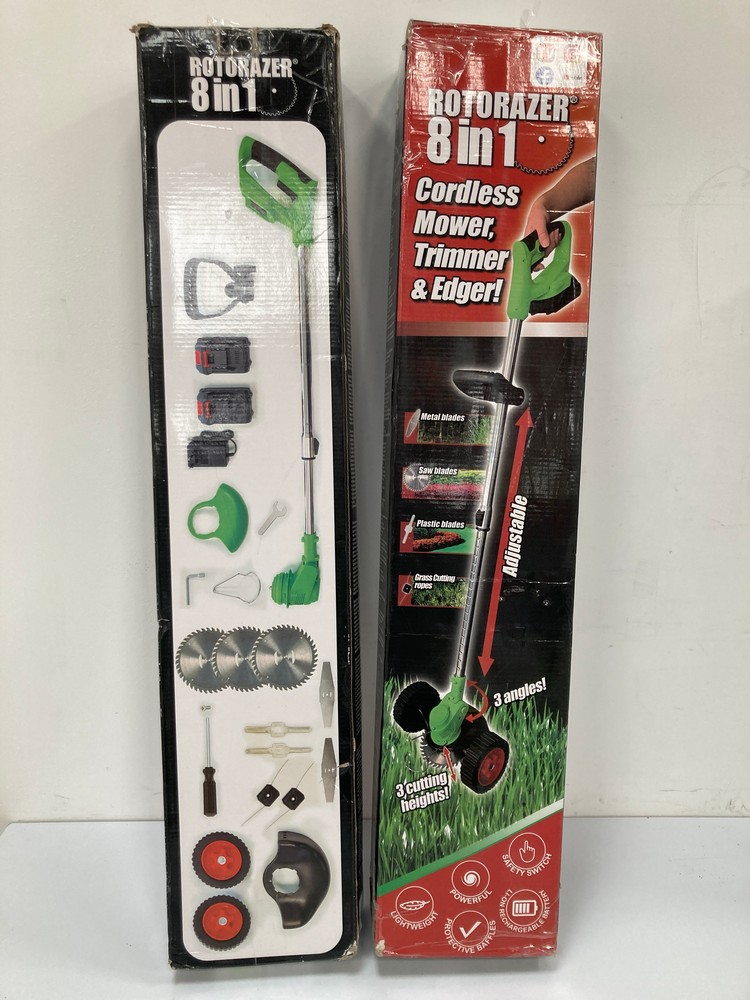 2 X ROTORAZER 8 IN 1 CORDLESS LAWNMOWER TRIMMER AND EDGER (DAMAGED BOX) - LOCATION 48A.