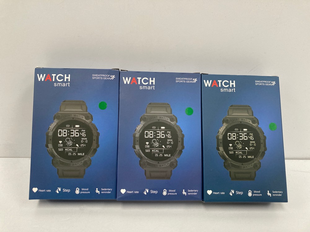 3 X SMARTWATCHES WITH BLUETOOTH, HEART RATE MONITOR, STEP COUNTER, BLOOD PRESSURE MONITOR AND SEDENTARY REMINDER - LOCATION 6B