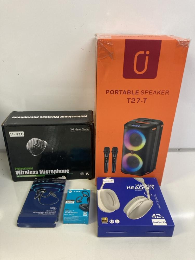 Lot 111  
            Birmingham Premium - Parcel Delivery Only 

                
MIXED AUDIO TECH TO INCLUDE PORTABLE SPEAKER T27-T (ORIGINAL RRP - £240). [JPTB7667]