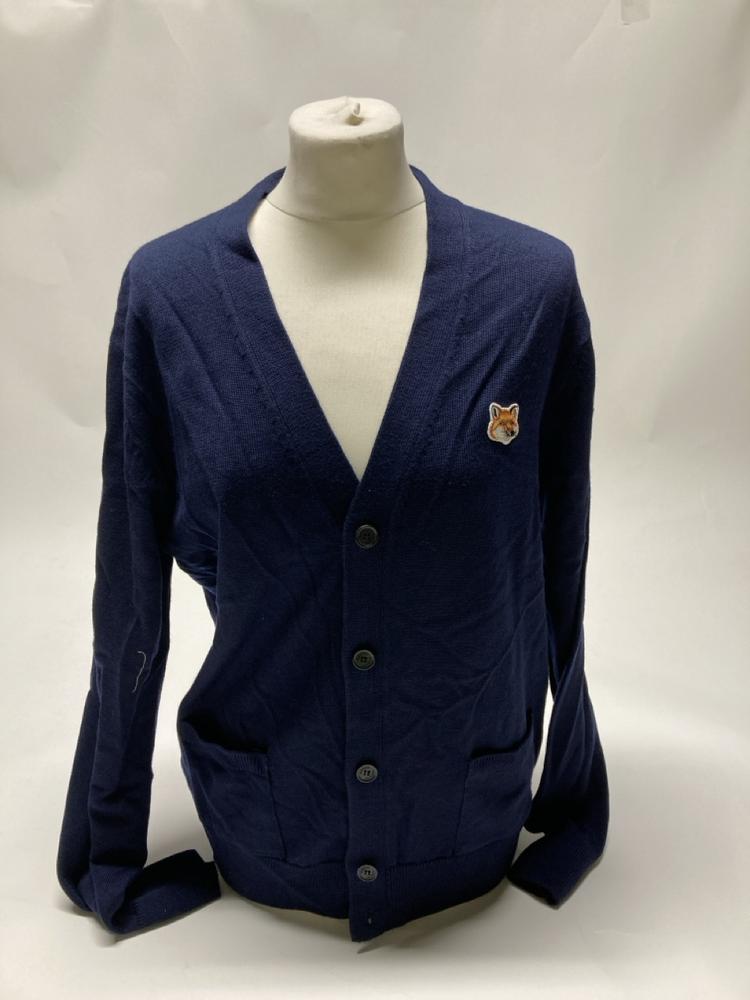 Lot 95  
            Birmingham Premium - Parcel Delivery Only 

                
MAISON KITSUNE CLASSIC CARDIGAN (NAVY, SIZE S) ORIGINAL RRP £250