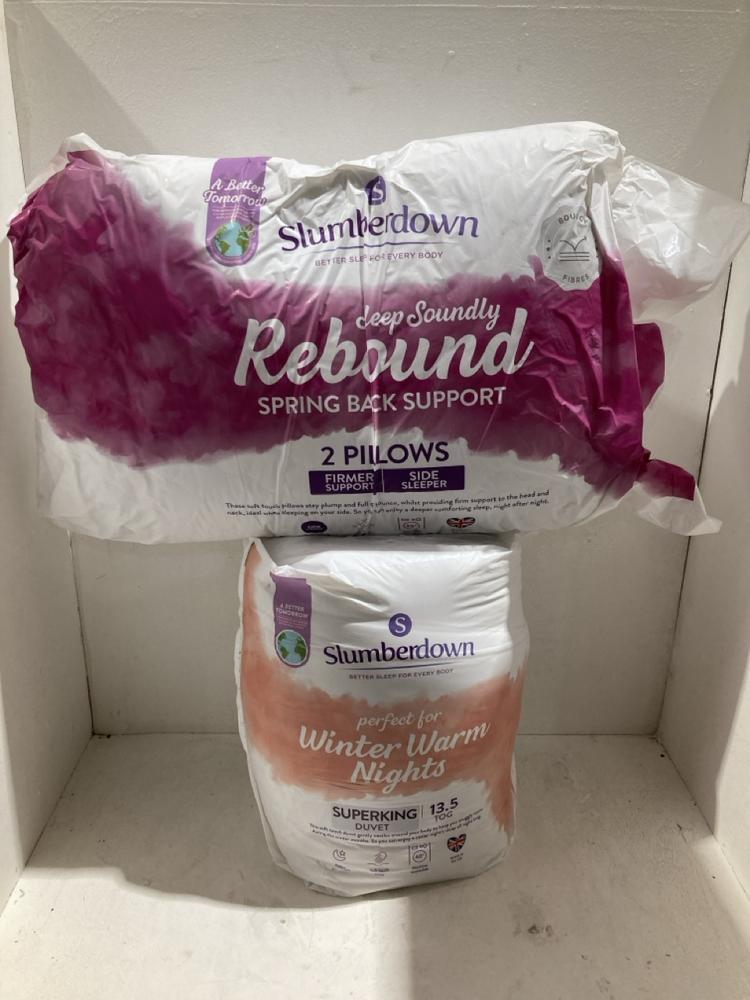 Lot 1235  
            Birmingham SR108 - Parcel Delivery Only 

                
2 X ITEMS TO INCLUDE SLUMBERDOWN SUPER SUPPORT COSY NIGHTS 2 PILLOWS