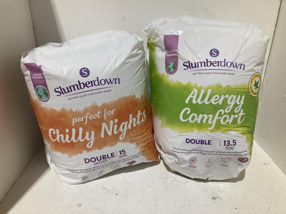 Lot 237  
            Birmingham SR108 - Parcel Delivery Only 

                
2 X ITEMS TO INCLUDE SLUMBERDOWN ALLERGY COMFORT DOUBLE DUVET TOG:13.5
