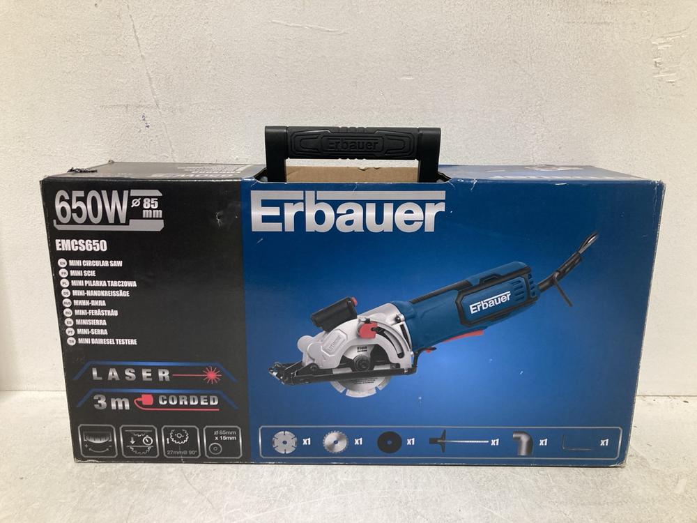 Lot 247  
            Birmingham SR108 - Parcel Delivery Only 

                
ERBAUER 650W 85MM MINI CIRCULAR SAW (18+ID MAY BE REQUIRED)