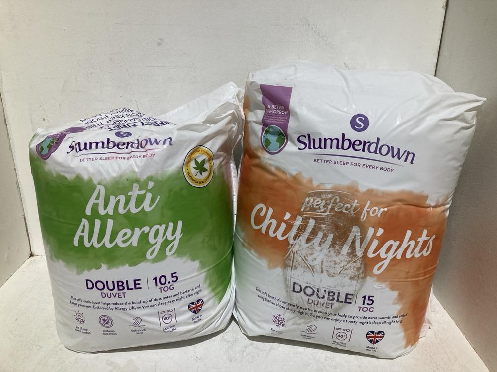 Lot 254  
            Birmingham SR108 - Parcel Delivery Only 

                
2 X ITEMS TO INCLUDE SLUMBERDOWN ANTI ALLERGY DOUBLE DUVET TOG:10.5