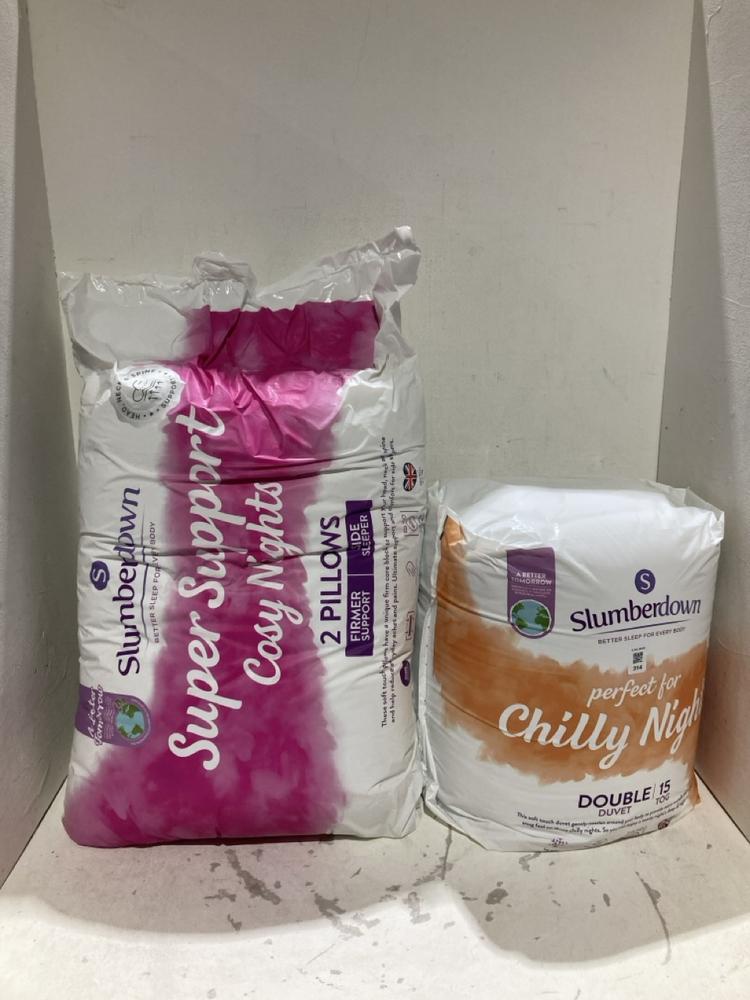 Lot 314  
            Birmingham SR108 - Parcel Delivery Only 

                
2 X ITEMS TO INCLUDE SLUMBER DOWN CHILLY NIGHTS DOUBLE DUVET TOG 15