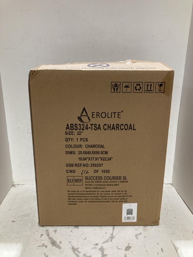 Lot 320  
            Birmingham SR108 - Parcel Delivery Only 

                
AEROLITE CHARCOAL GREY HARDSHELL SUITCASE 22"