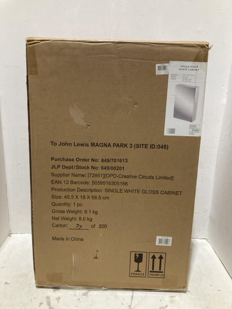 Lot 366  
            Birmingham SR108 - Parcel Delivery Only 

                
JOHN LEWIS & PARTNERS SINGLE WHITE GLOSS CABINET