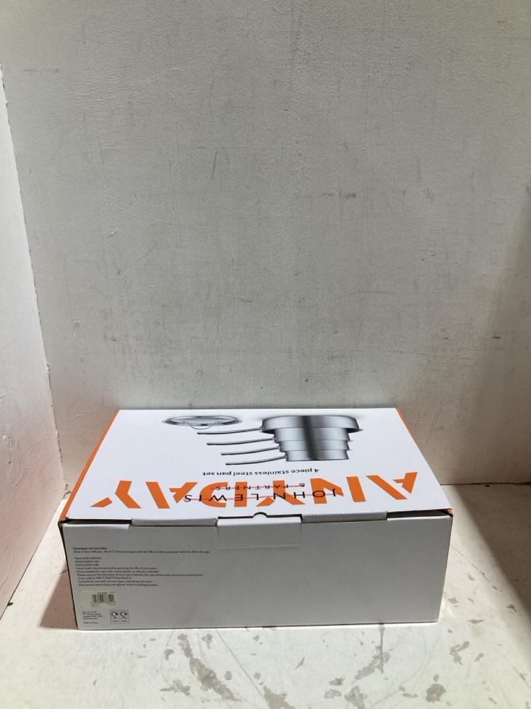 Lot 406  
            Birmingham SR108 - Parcel Delivery Only 

                
JOHN LEWIS & PARTNERS ANY DAY 4PCS STAINLESS STEEL PAN SET