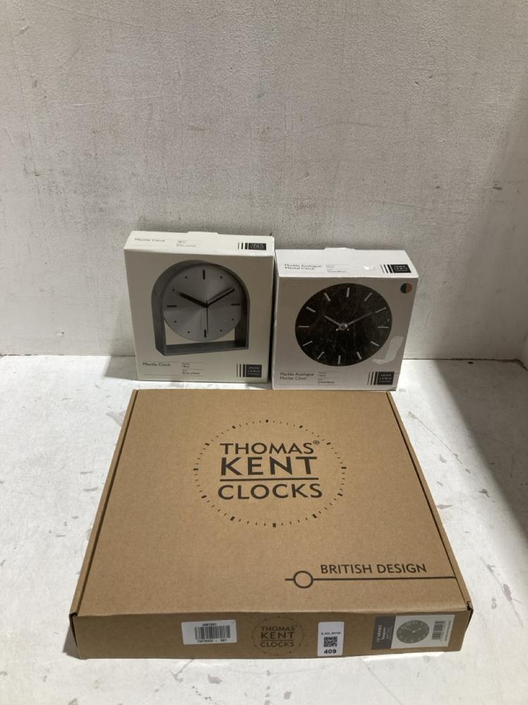 Lot 409  
            Birmingham SR108 - Parcel Delivery Only 

                
3 X ITEMS TO INCLUDE THOMAS KENT CLOCKS 12" ARABIC SEAGRASS WALL CLOCK