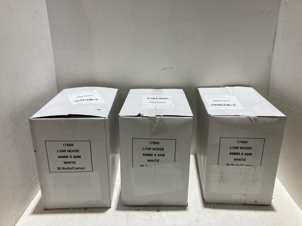 Lot 451  
            Birmingham SR108 - Parcel Delivery Only 

                
3 X LOW NOISE 48MM X 66MM WHITE TAPE 36 ROLLS