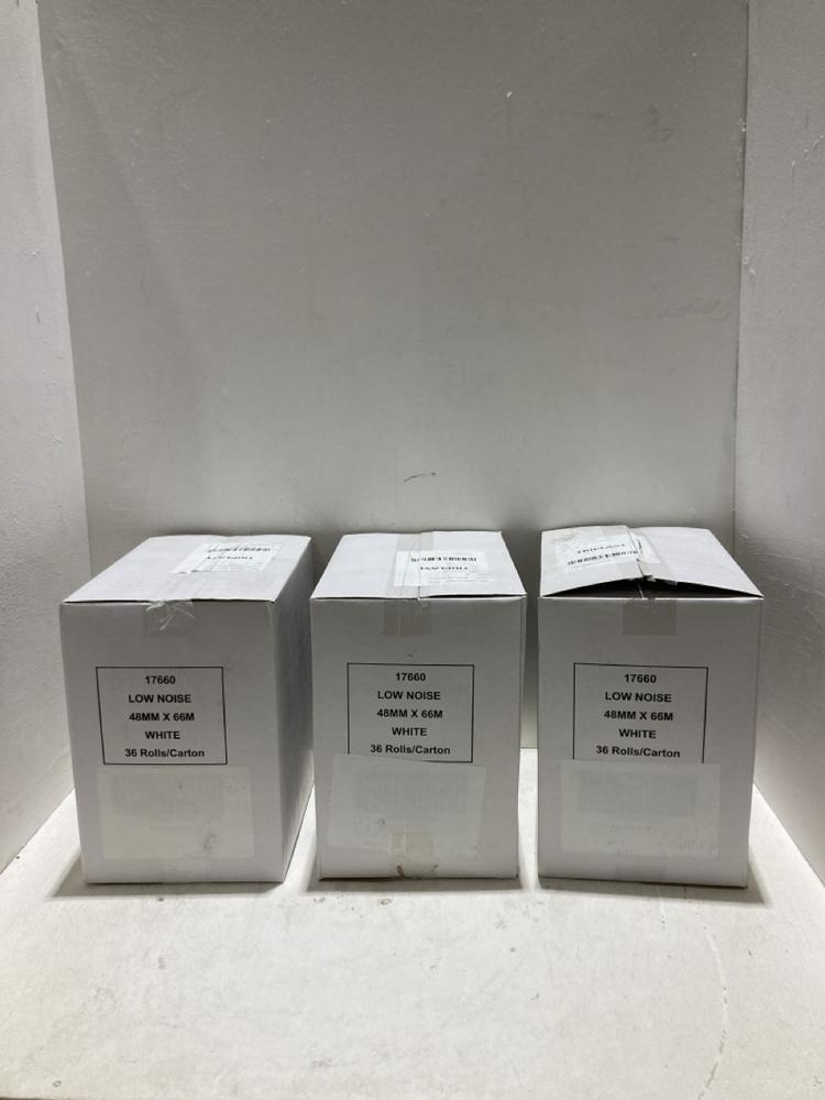 Lot 458  
            Birmingham SR108 - Parcel Delivery Only 

                
3 X LOW NOISE 48MM X 66MM WHITE TAPE 36 ROLLS