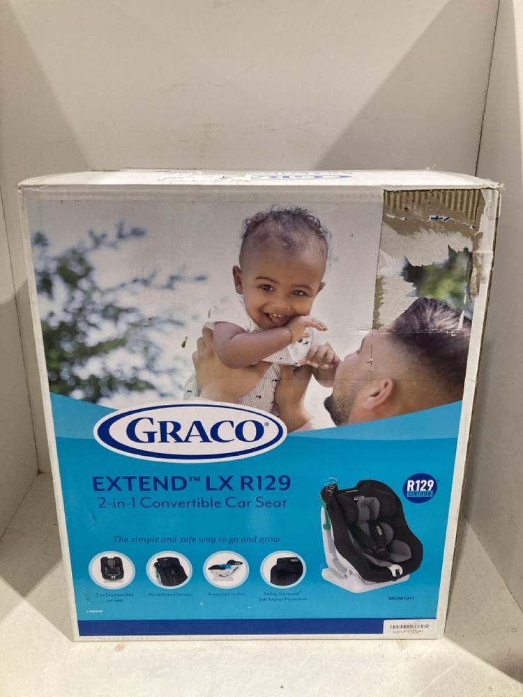 Lot 566  
            Birmingham SR108 - Parcel Delivery Only 

                
GRACO EXTEND LX R129 2 IN 1 CONVERTIBLE CAR SEAT