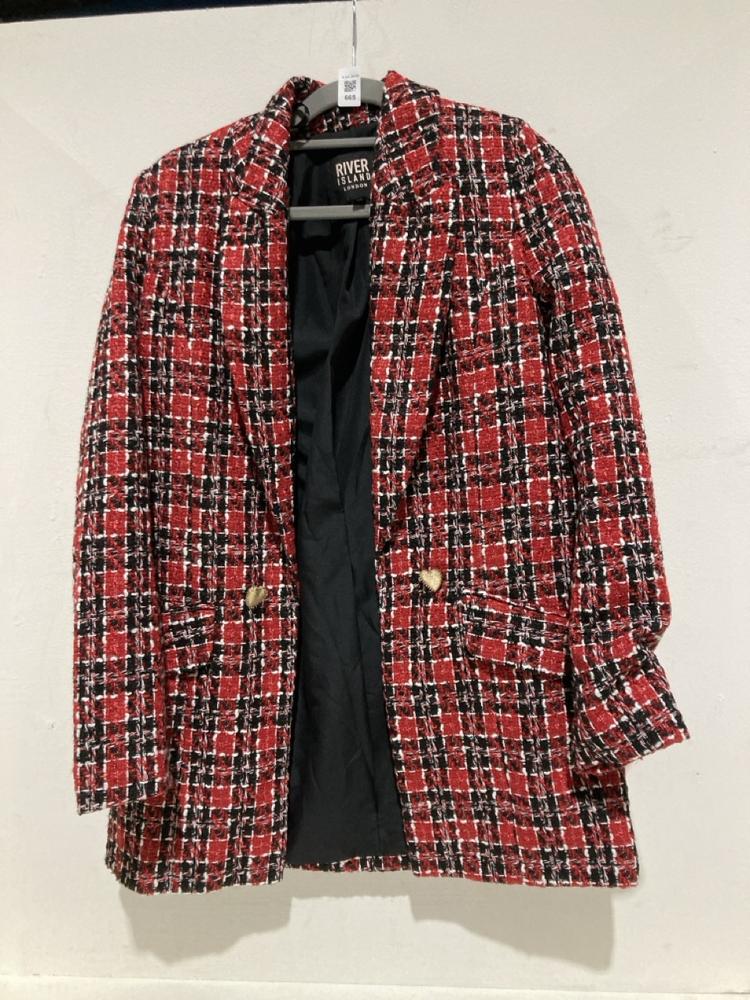 Lot 665  
            Birmingham SR108 - Parcel Delivery Only 

                
RIVER ISLAND LONDON RED CHECKED WOOL JACKET SIZE 6