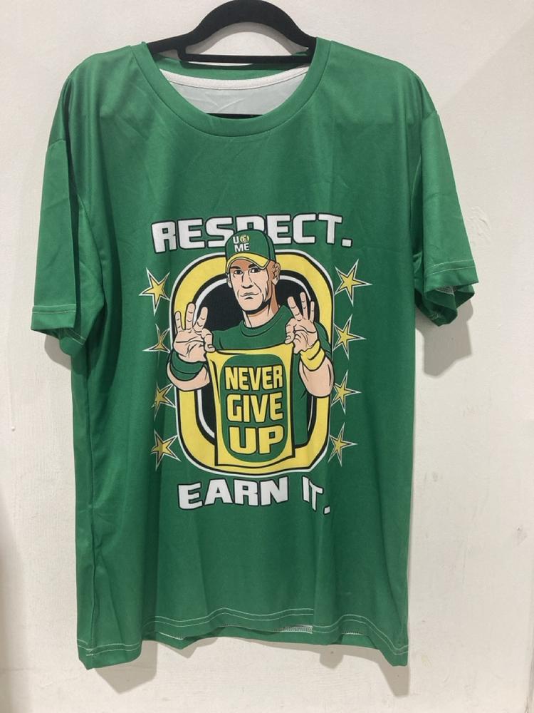 Lot 678  
            Birmingham SR108 - Parcel Delivery Only 

                
JOHN CENA YOU CANT SEE ME NEVER GIVE UP HUSTLE LOYALTY & RESPECT GREEN SHIRT, CAP...