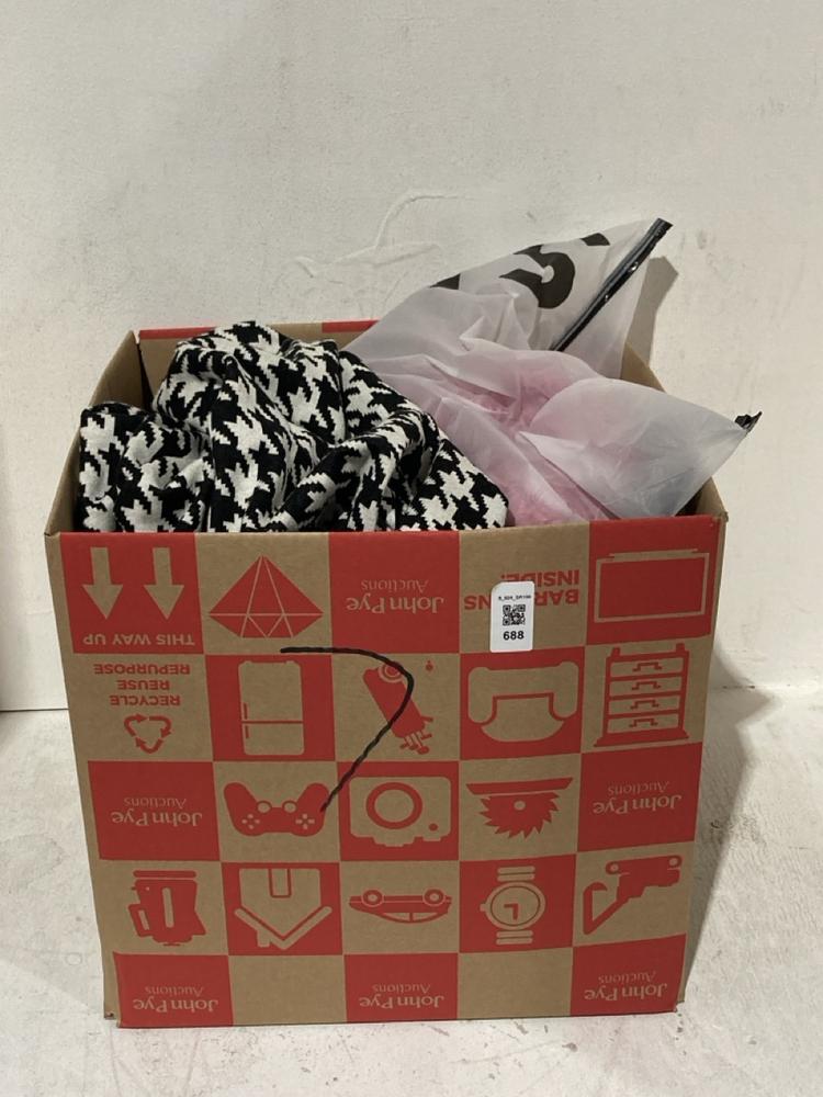 Lot 688  
            Birmingham SR108 - Parcel Delivery Only 

                
BOX OF ITEMS TO INCLUDE RIVER ISLAND BLACK & WHITE TOP SIZE 12
