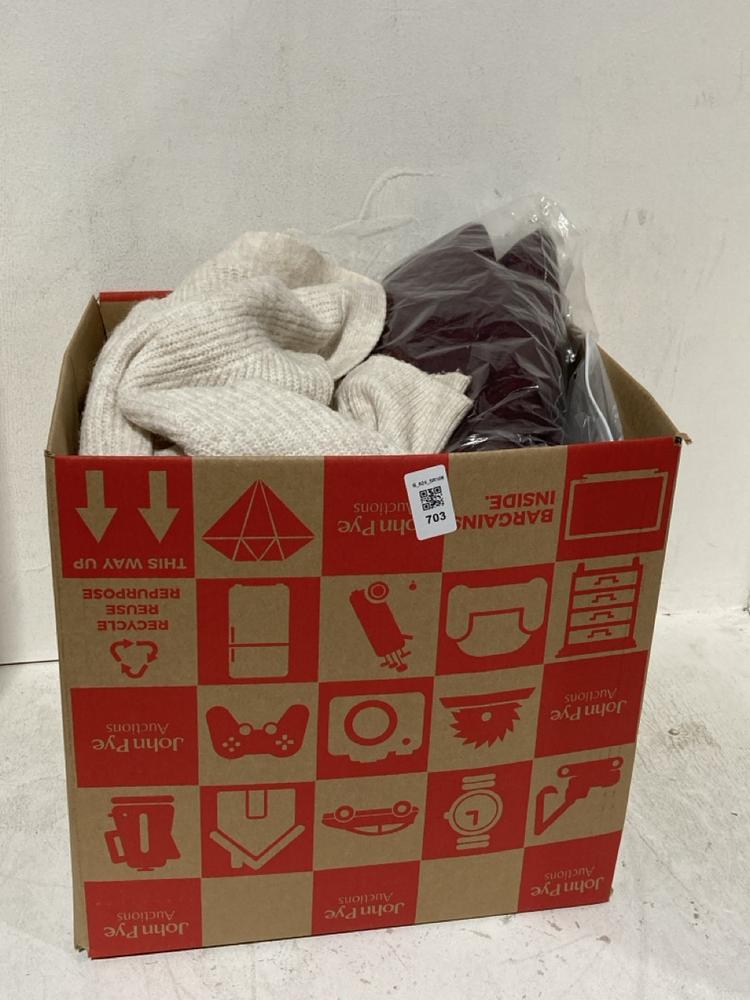 Lot 703  
            Birmingham SR108 - Parcel Delivery Only 

                
BOX OF ITEMS TO INCLUDE PRIMARK BUTTON UP CARDIGAN IN CREAM SIZE L