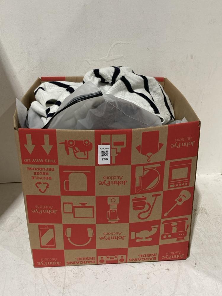 Lot 706  
            Birmingham SR108 - Parcel Delivery Only 

                
BOX OF ITEMS TO INCLUDE WHITE & BLACK STRIPE T SHIRT SIZE S