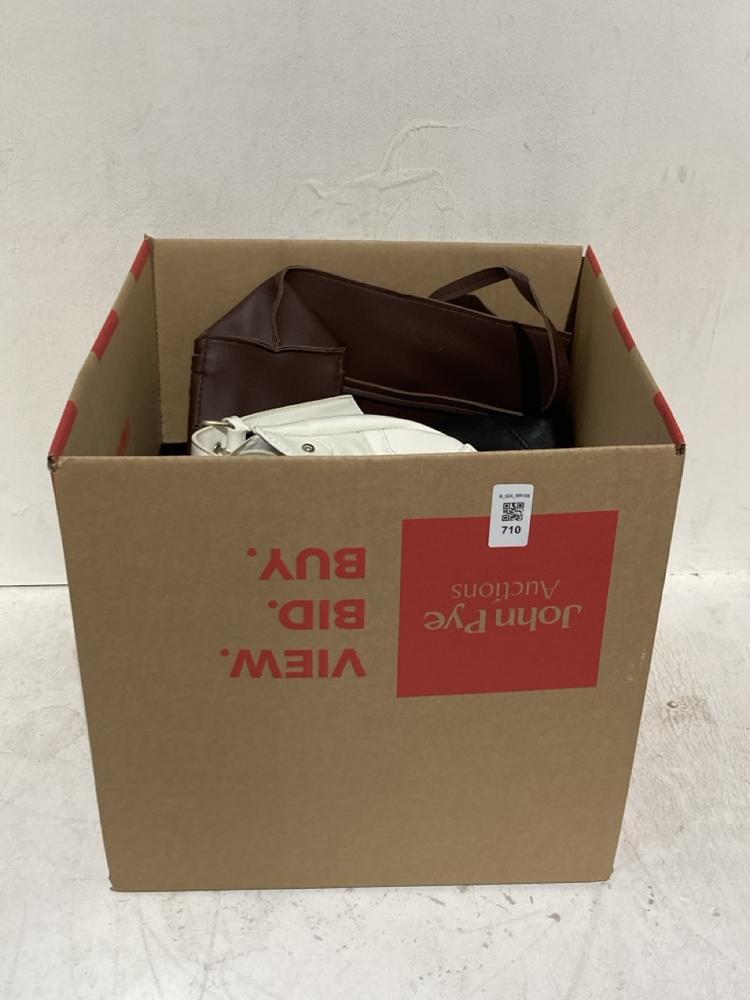 Lot 710  
            Birmingham SR108 - Parcel Delivery Only 

                
BOX OF ITEMS TO INCLUDE WHITE LEATHER HANDBAG