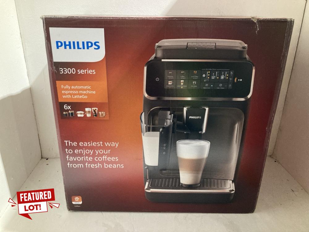 Lot 71  
            Birmingham SR108 - Parcel Delivery Only 

                
PHILIPS 3300 SERIES FULLY AUTOMATIC ESPRESSO MACHINE ORIGINAL RRP £549.99