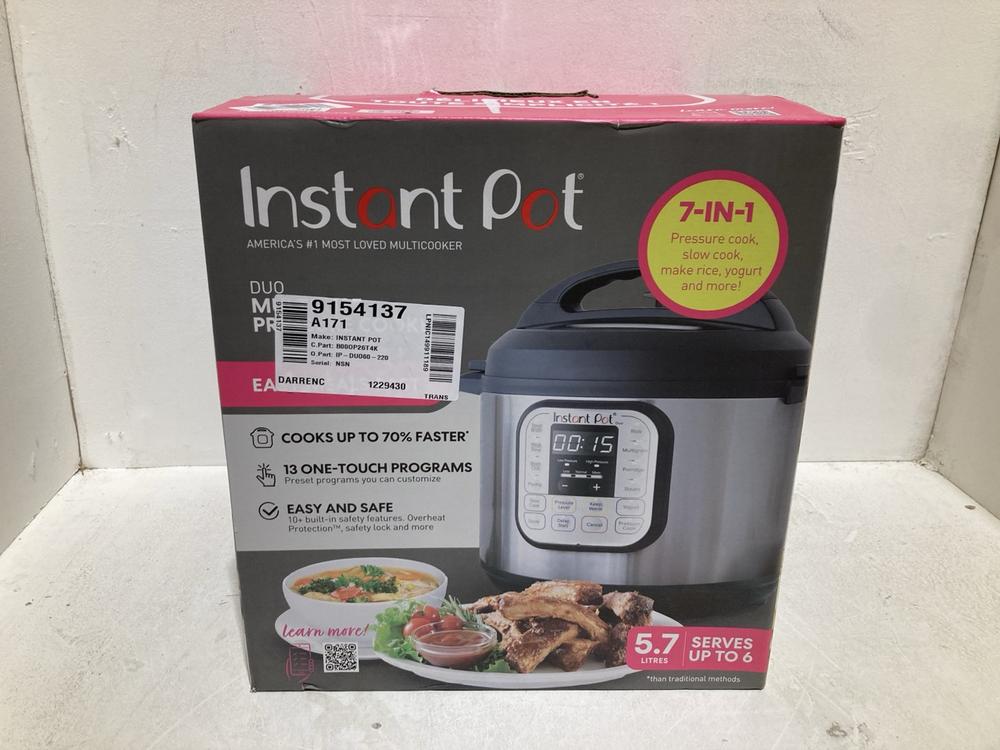 Lot 806  
            Birmingham SR108 - Parcel Delivery Only 

                
INSTANT POT MULTICUISEUR DUO PRESSURE COOKER