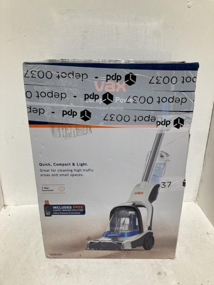 Lot 812  
            Birmingham SR108 - Parcel Delivery Only 

                
VAX COMPACT POWER CARPET CLEANER