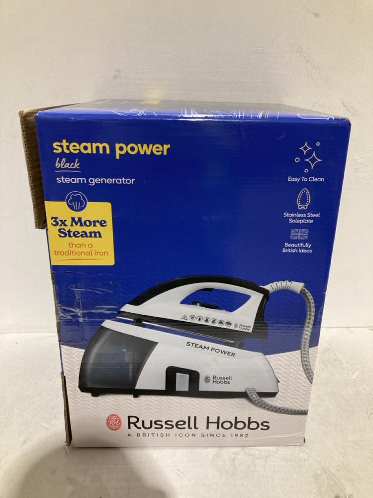 Lot 823  
            Birmingham SR108 - Parcel Delivery Only 

                
RUSSELL HOBBS STEAM POWER BLACK IRON
