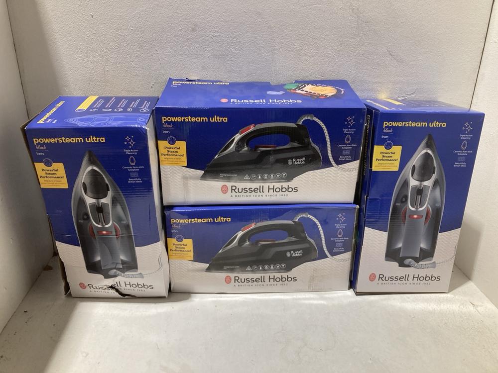 Lot 853  
            Birmingham SR108 - Parcel Delivery Only 

                
4 X ITEMS TO INCLUDE RUSSELL HOBBS POWERSTEAM ULTRA BLACK IRON