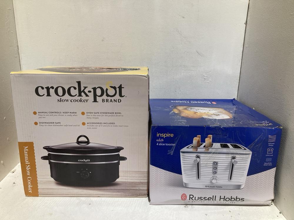 Lot 858  
            Birmingham SR108 - Parcel Delivery Only 

                
2 X ITEMS TO INCLUDE RUSSELL HOBBS DESIRE WHITE 4 SLICE TOASTER