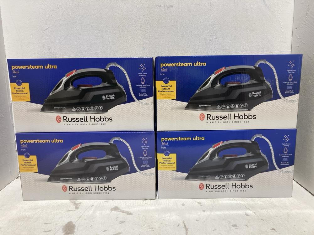 Lot 990  
            Birmingham SR108 - Parcel Delivery Only 

                
4 X RUSSELL HOBBS POWERSTEAM ULTRA BLACK IRON TOTAL ORIGINAL RRP £280 (OVERSTOCK)