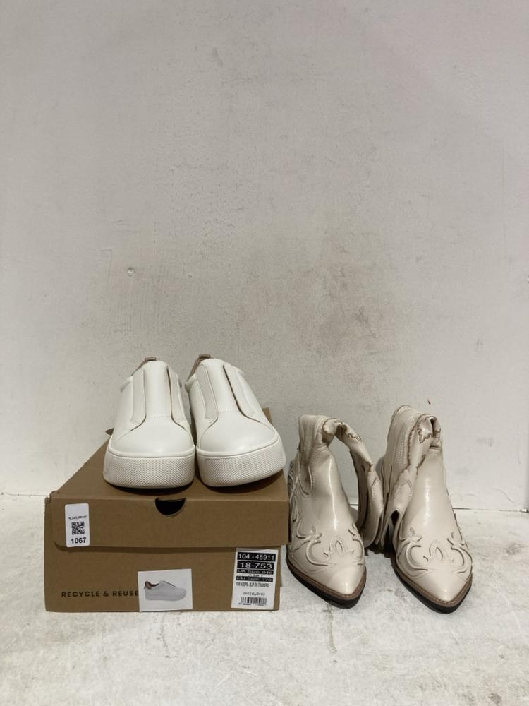 Lot 1067  
            Birmingham SR107 - Parcel Delivery Only 

                
2 X ASSORTED WOMEN'S SHOES TO INCLUDE CREAM COWBOY STYLE EUR SIZE 36