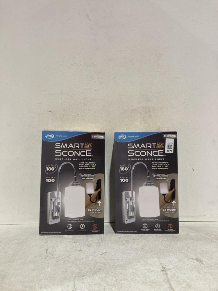 Lot 1077  
            Birmingham SR107 - Parcel Delivery Only 

                
2 X JML SMART SCONCE WIRELESS WALL LIGHTS