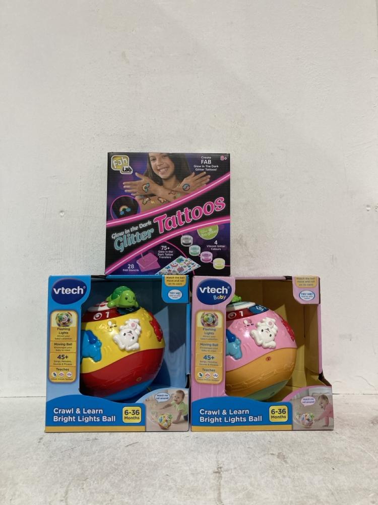 Lot 1085  
            Birmingham SR107 - Parcel Delivery Only 

                
3 X TOYS TO INCLUDE VTECH CRAWL & LEARN BALL