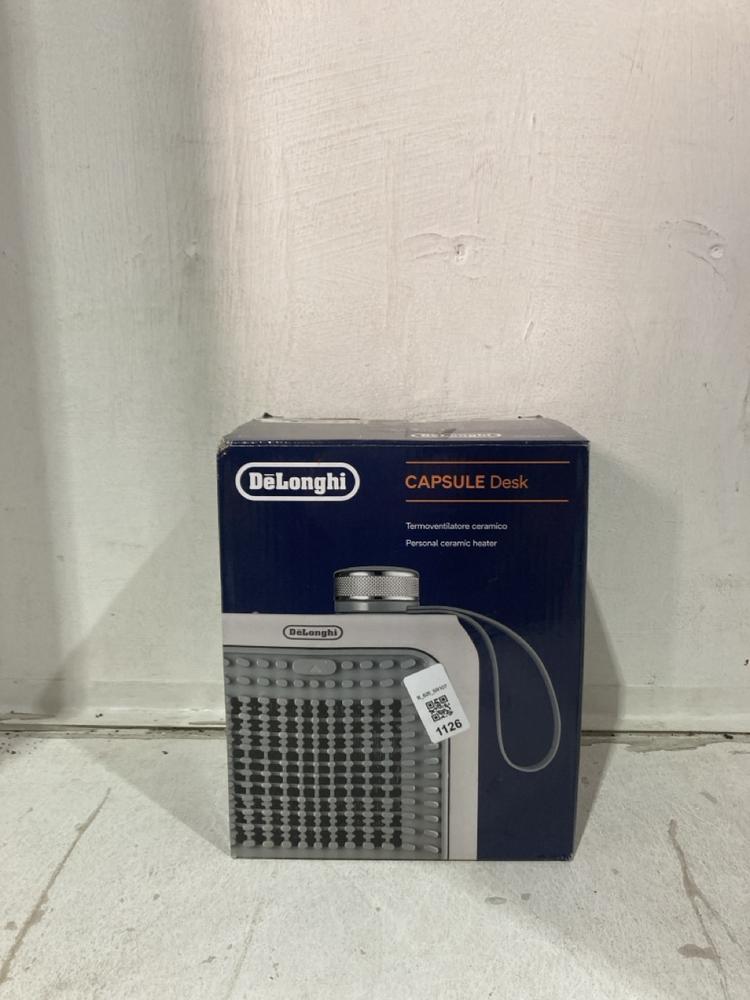 Lot 1126  
            Birmingham SR107 - Parcel Delivery Only 

                
DELONGHI CAPSULE DESK PERSONAL CERAMIC HEATER