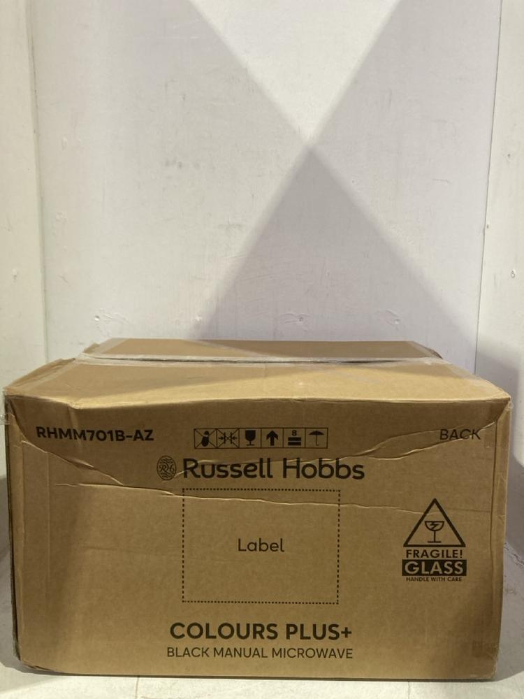 Lot 1133  
            Birmingham SR107 - Parcel Delivery Only 

                
RUSSELL HOBBS BLACK MANUAL MICROWAVE