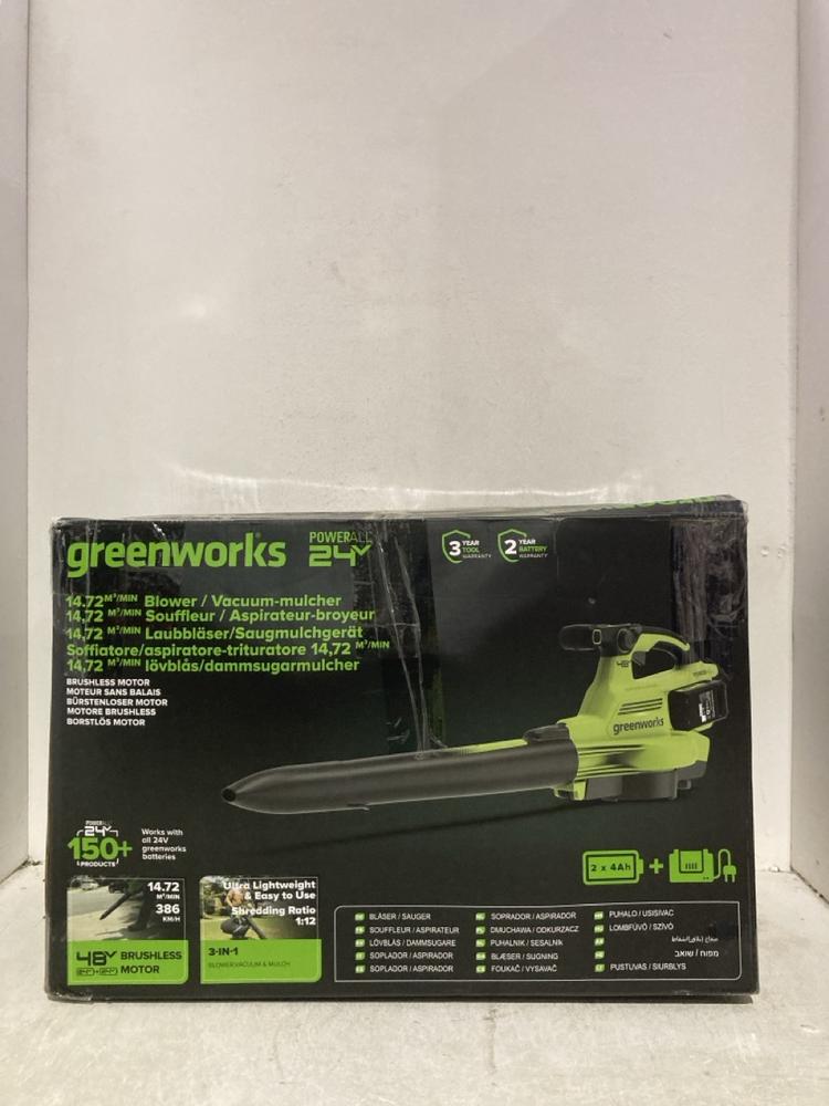 Lot 1187  
            Birmingham SR107 - Parcel Delivery Only 

                
GREENWORKS 3 IN 1 BLOWER VACUUM MULCHER 48V BRUSHLESS MOTOR
