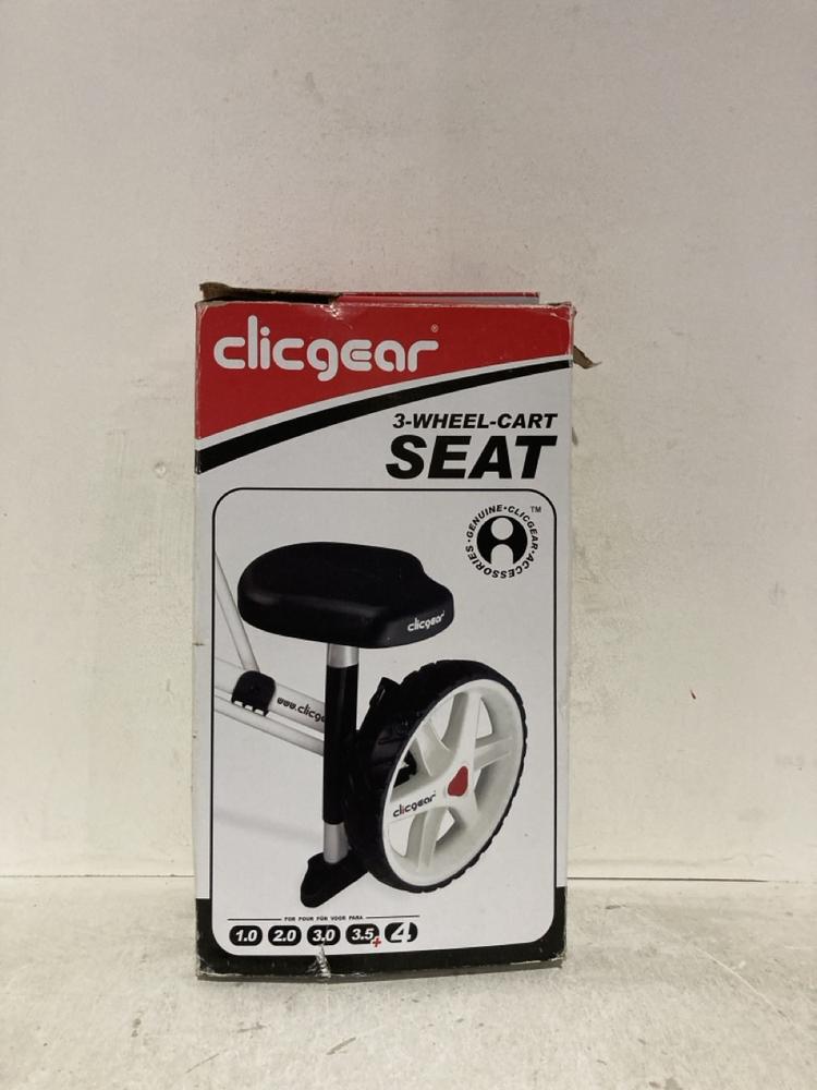 Lot 1188  
            Birmingham SR107 - Parcel Delivery Only 

                
CLICGEAR 3 WHEEL CART SEAT MAX WEIGHT 100KG