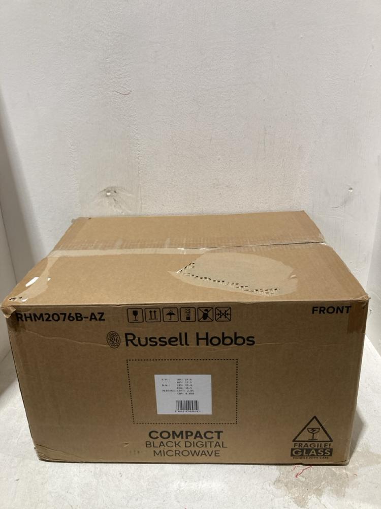 Lot 1267  
            Birmingham SR107 - Parcel Delivery Only 

                
RUSSELL HOBBS COMPACT BLACK DIGITAL MICROWAVE - MODEL RHM2076B-AZ