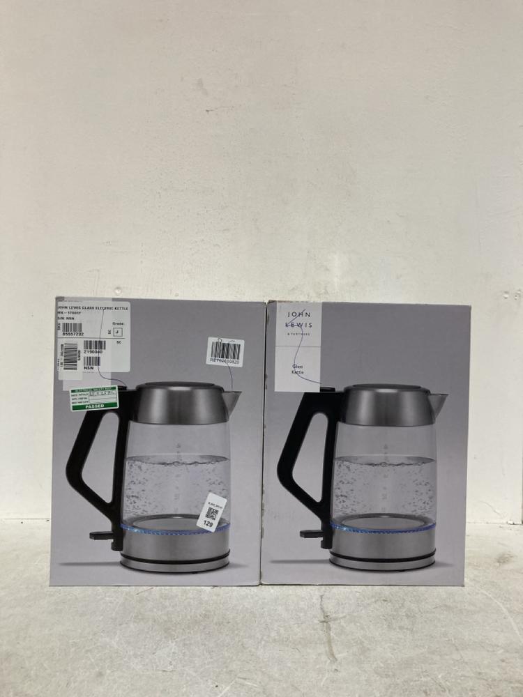 Lot 129  
            Birmingham SR107 - Parcel Delivery Only 

                
JOHN LEWIS & PARTNERS 2 X KETTLE TO INCLUDE GLASS KETTLE 1.7L