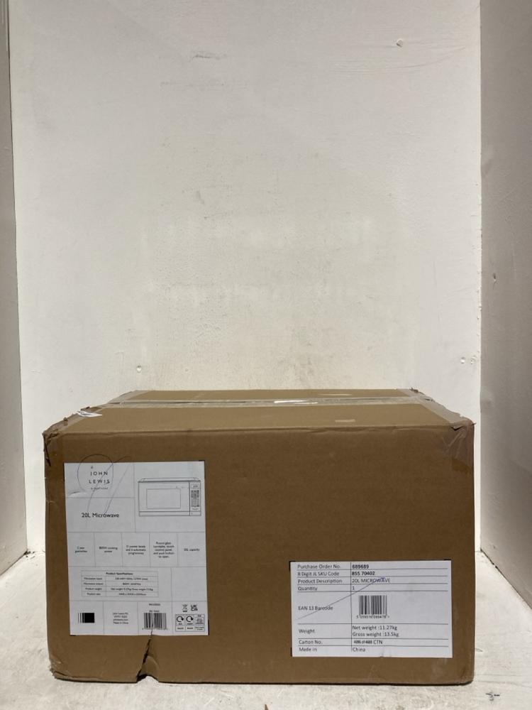 Lot 158  
            Birmingham SR107 - Parcel Delivery Only 

                
JOHN LEWIS & PARTNERS MICROWAVE OVEN 800W 20L