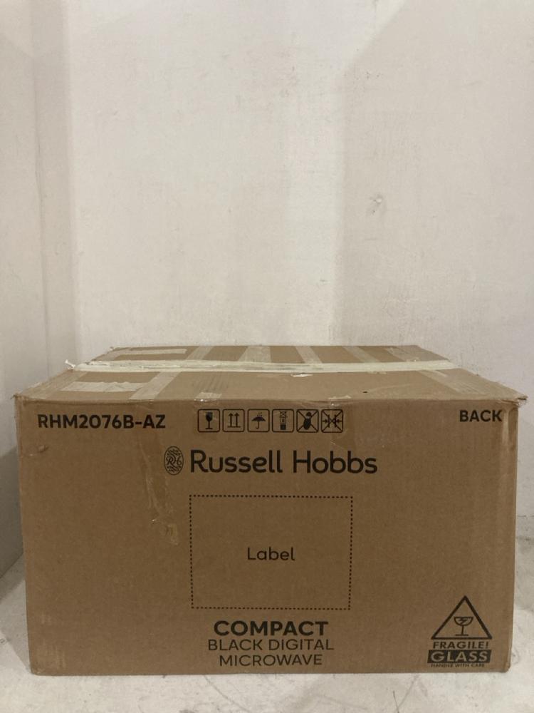 Lot 213  
            Birmingham SR107 - Parcel Delivery Only 

                
RUSSELL HOBBS COMPACT BLACK DIGITAL MICROWAVE 20L 800W