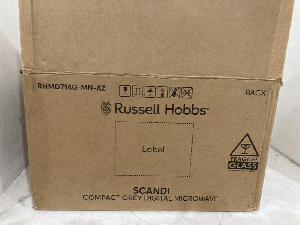 Lot 214  
            Birmingham SR107 - Parcel Delivery Only 

                
RUSSELL HOBBS SCANDI COMPACT GREY DIGITAL MICROWAVE 20L 800W