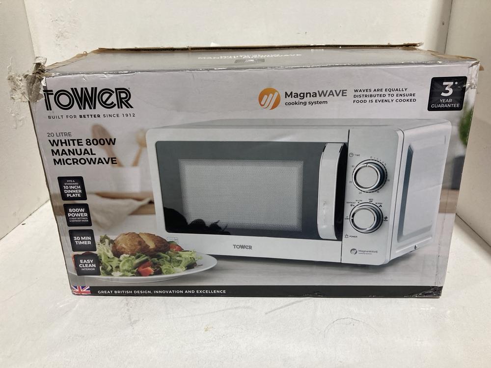 Lot 247  
            Birmingham SR107 - Parcel Delivery Only 

                
TOWER 20L WHITE 800W MANUAL MICROWAVE