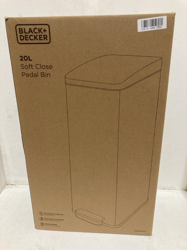 Lot 254  
            Birmingham SR107 - Parcel Delivery Only 

                
BLACK & DECKER 20L SOFT CLOSE PEDAL BIN