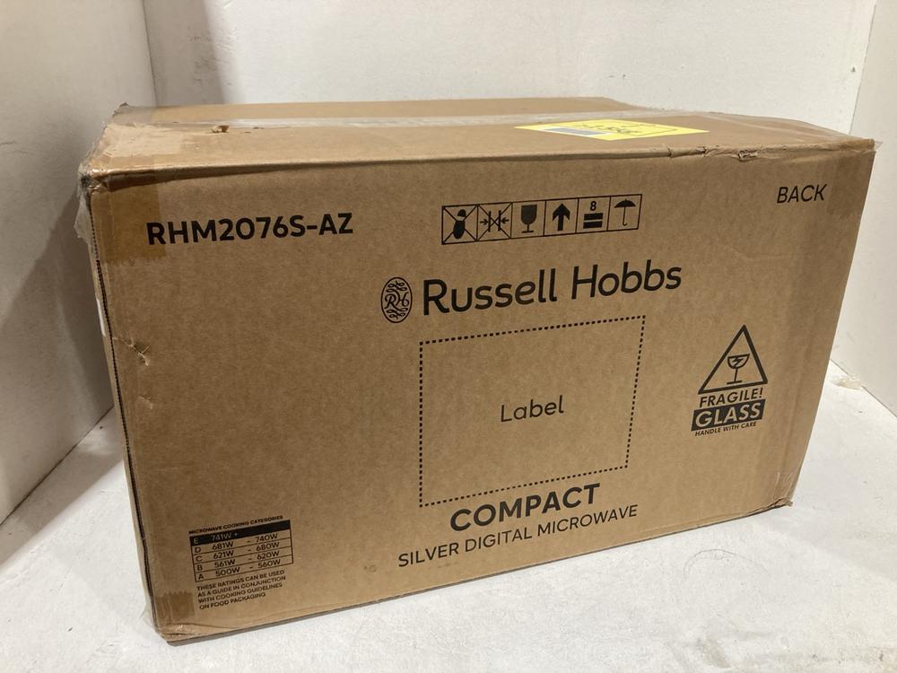 Lot 264  
            Birmingham SR107 - Parcel Delivery Only 

                
RUSSELL HOBBS COMPACT SILVER DIGITAL MICROWAVE - MODEL RHM2076S-AZ