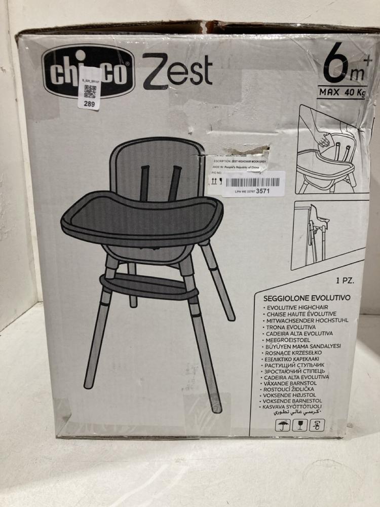 Lot 289  
            Birmingham SR107 - Parcel Delivery Only 

                
CHICCO ZEST EVOLUTIVE HIGHCHAIR